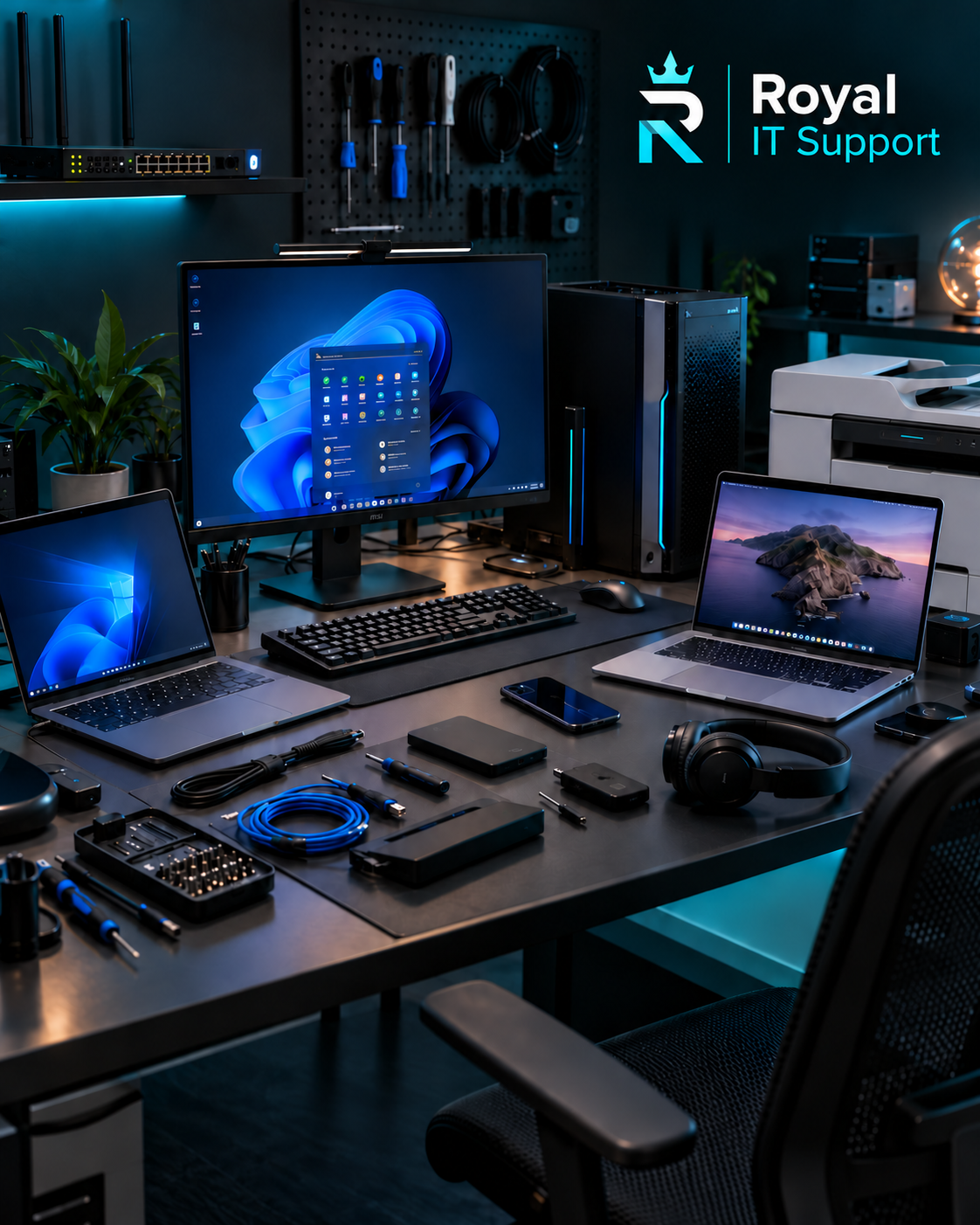 Royal IT Support workspace with laptop, Mac, desktop, printer, and devices